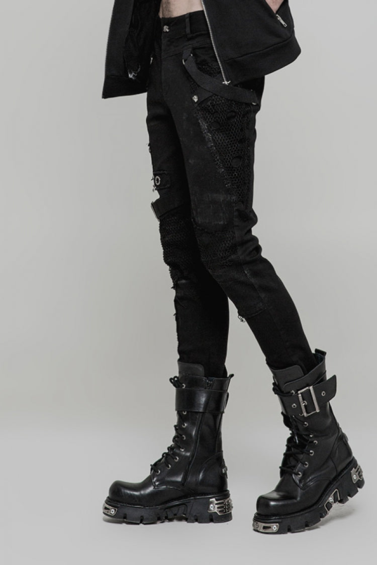 Black Metal Ring Buckles Stitching Mesh Men's Steampunk Pants