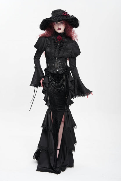 Black Floral Print Lace-Up Rose Chain Women's Gothic Fishtail Skirt
