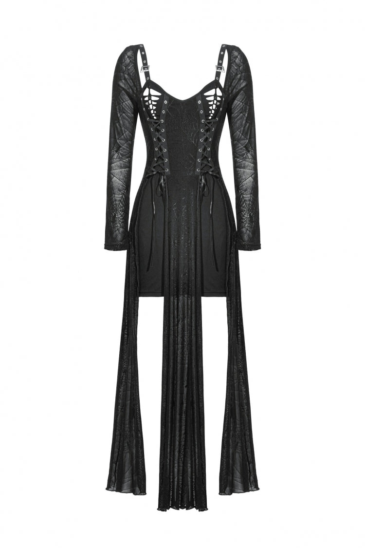 Black Long Sleeves Lace-Up Spiderweb Women's Gothic Elegant Witch Long Dress