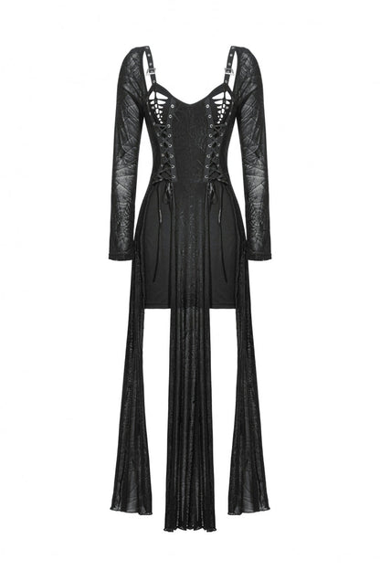 Black Long Sleeves Lace-Up Spiderweb Women's Gothic Elegant Witch Long Dress
