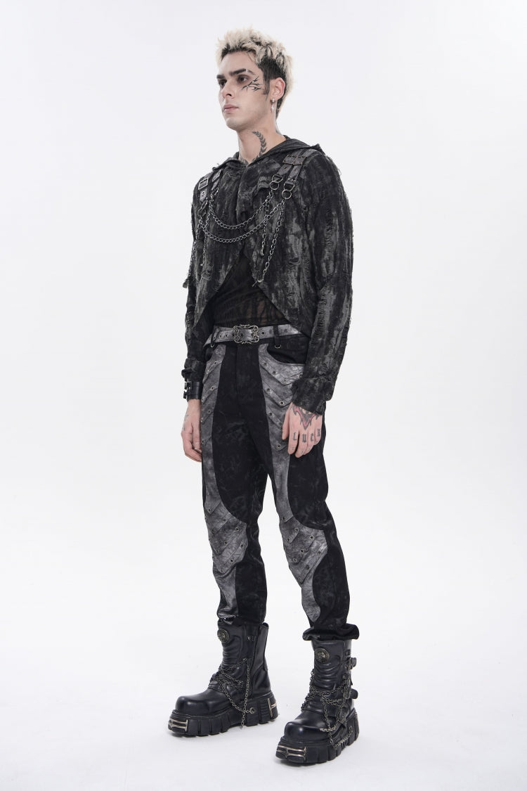 Black Long Sleeves Spliced Hooded Mesh Ripped Faux Two-Piece Zippered Eyelet Men's Punk T-Shirt