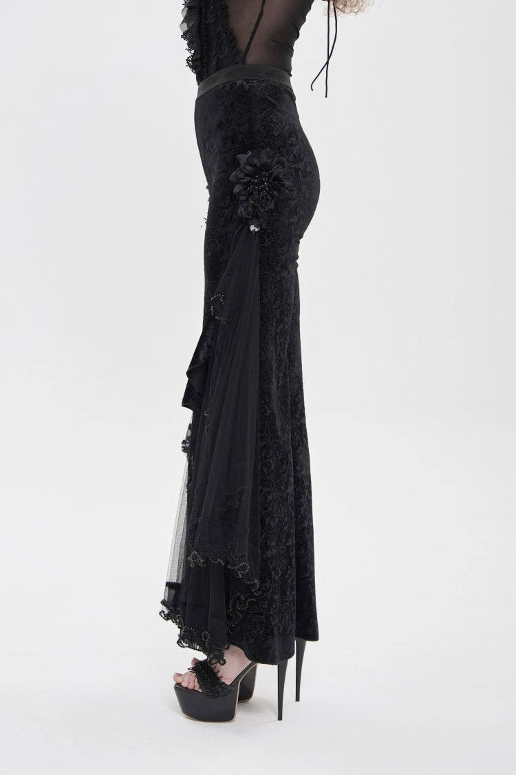 Black Embroidered Lace Women's Printed Mesh Floral Gothic Pants