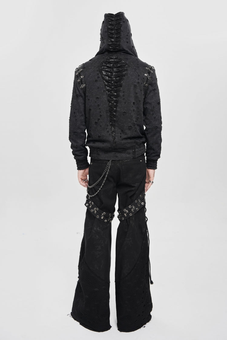 Black Long Sleeves Hexagram Print Hooded Ripped Pleated Men's Punk Coat