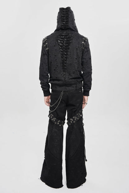 Black Long Sleeves Hexagram Print Hooded Ripped Pleated Men's Punk Coat