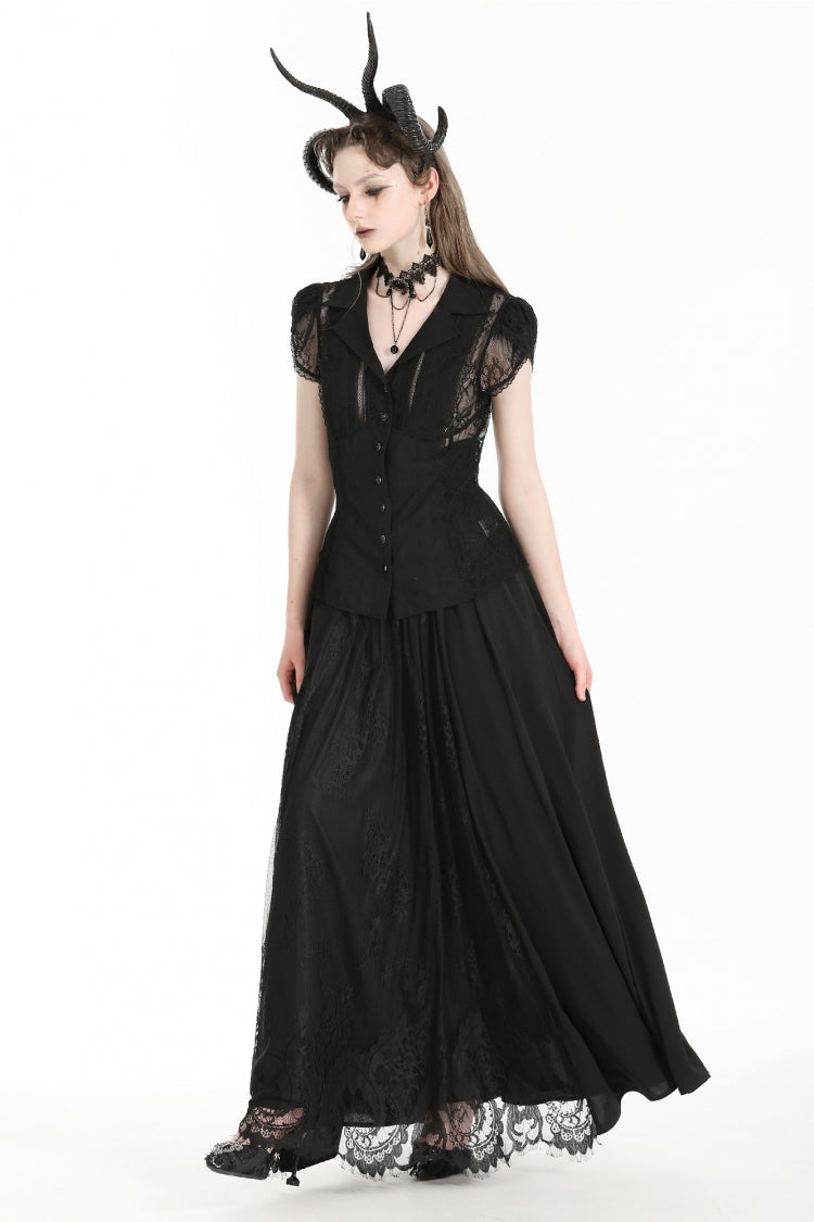 Black High Waisted Heart Embroidered Lace Women's Gothic Maxi Skirt