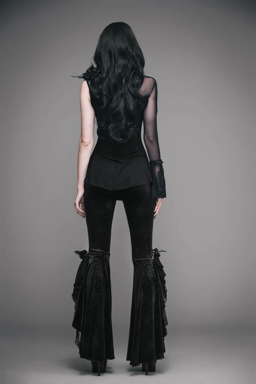 Black Gothic Lace Hem Embossed Velvet Flare Womens Pants