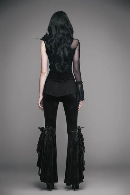 Black Gothic Lace Hem Embossed Velvet Flare Womens Pants