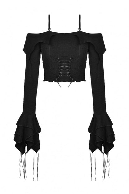 Black Off Shoulder Long Trumpet Sleeves Lace-Up Women's Gothic Sexy Crop Top