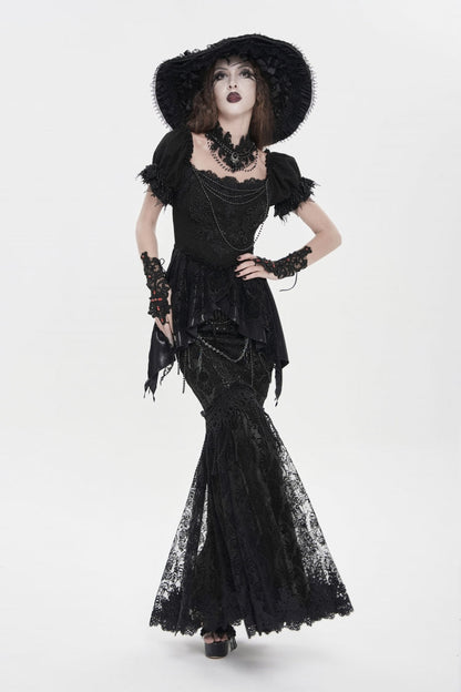 Black Double-Layered Embroidered Lace Slim Pearl-Decorated Women's Gothic Skirt