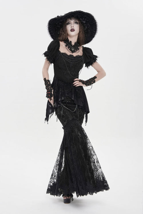 Black Double-Layered Embroidered Lace Slim Pearl-Decorated Women's Gothic Skirt