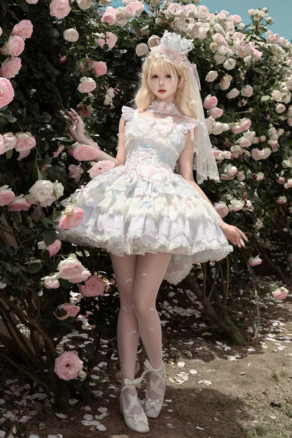 Bkue/Pink [Cloudwhale Dreamweaver] Square Collar Multi-Layered Ruffled Bow Lace Sweet Lolita Jsk Dress