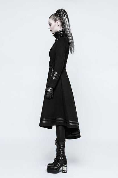 Black Military Uniform Double Breasted Womens Long Gothic Coat With Belt