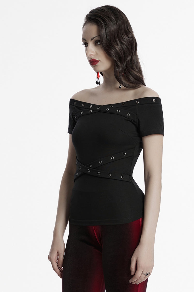 Black Off Shoulder Short Sleeves Eyelet Straps Women's Gothic Blouse