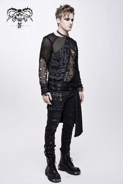 Black A Variety Of Mesh Materials Stitching Unedged Broken Holes Round Collar Men's Punk T-Shirt