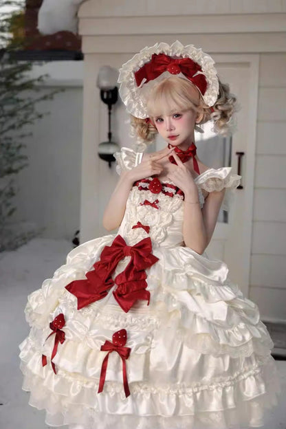 Apricot [Berry Endless] Square Collar Sleeveless Multi-Layered Ruffled Embroidered Bow Lace Sweet Lolita Jsk Dress