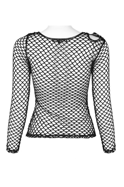 Black Long Sleeve Round Collar Shoulder Hollow Out Leather Hasp Coarse Mesh Women's Punk T-Shirt