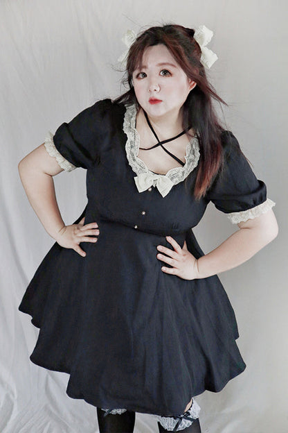 Black Lace Round Collar Short Sleeves High Waisted Plus Size Sweet Lolita Dress