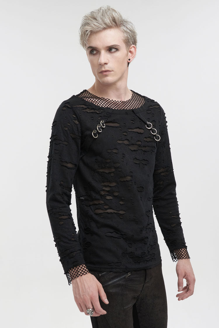 Black Diamond Mesh Irregular Hole Long-Sleeved Men's Punk T-Shirt