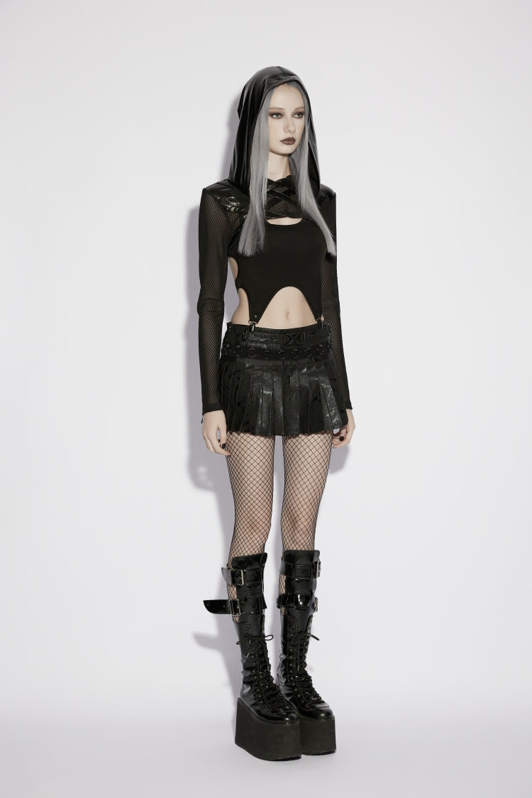 Black Irregular Hooded Sheer Eyelet Women's Punk Cool  Cape