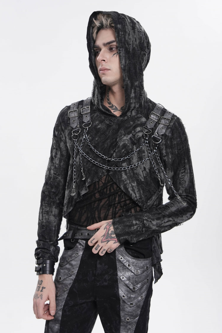 Black Long Sleeves Spliced Hooded Mesh Ripped Faux Two-Piece Zippered Eyelet Men's Punk T-Shirt