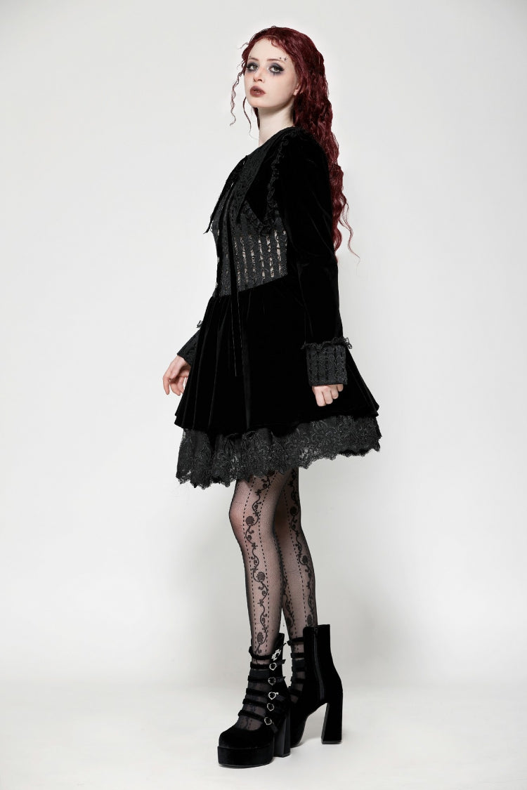 Black Long Sleeves Lace Women's Gothic Velvet Short Dress