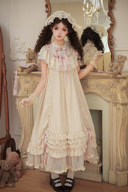 Apricot [Lily's Dream] Stand Collar Short Sleeves Loose-Fit Doll-Like Multi-Layered Ruffled Bow Lace Sweet Lolita Dress 2 Versions