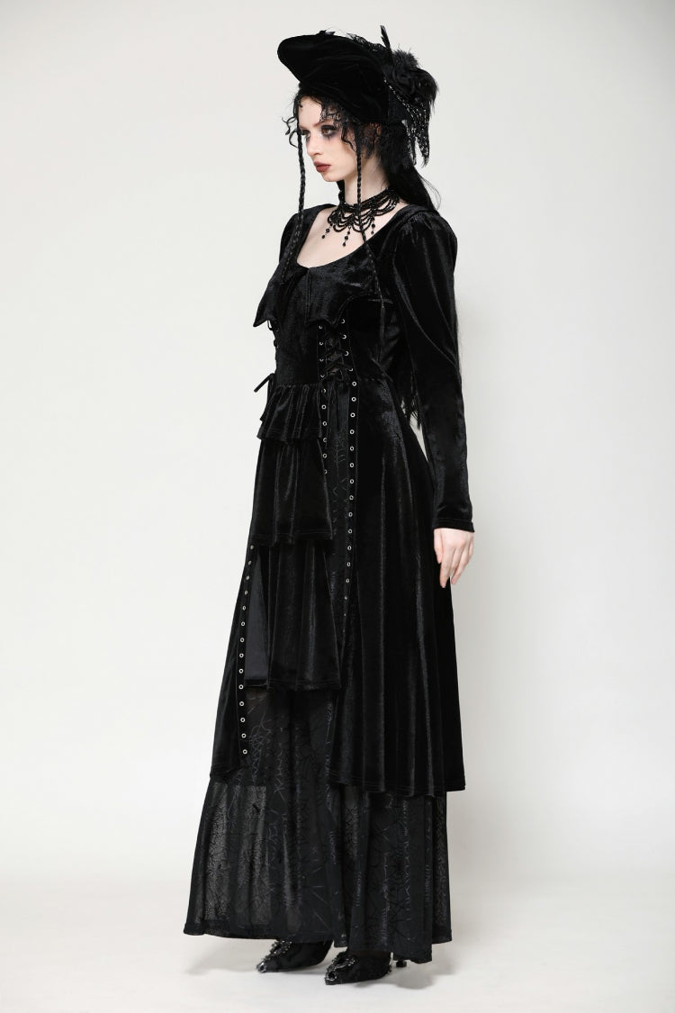 Black Long Sleeves Eyelets Side Slit Women's Gothic Maxi Dresses Wedding Dress