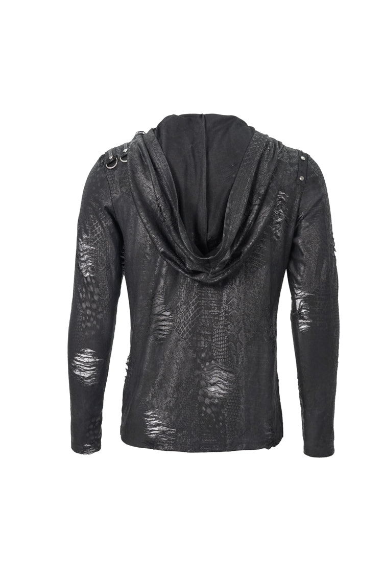 Black Broken Holes Knit Shoulder Lace-Up Irregular Hem Hooded Men's Punk T-Shirt