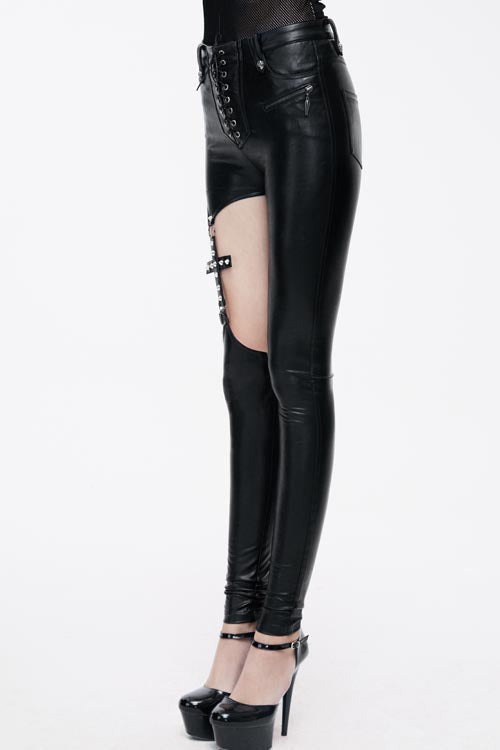 Black Hollow Out Cross Shaped Elastic Sexy Punk Tight Leather Womens Pants