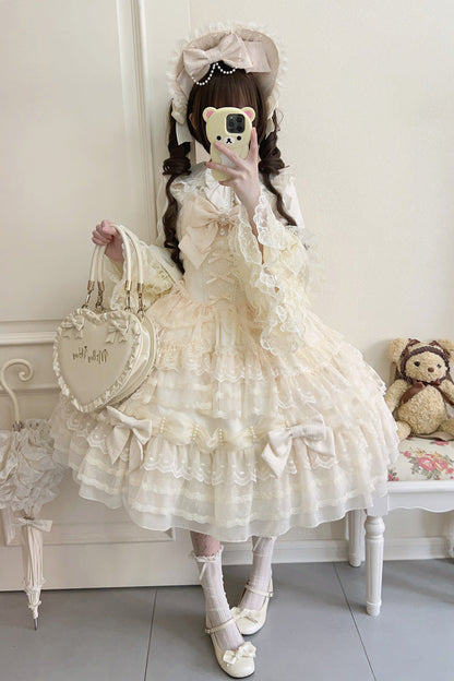 Beige [Dream Prologue] Doll Multi-Layered Bowknot Lace Sweet Princess Lolita Dress