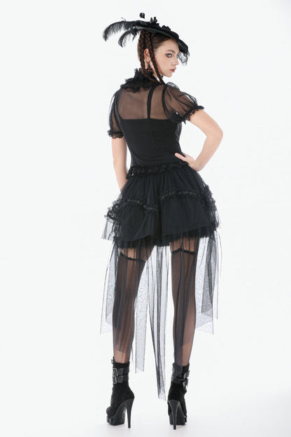 Black Multi-Layered Ruffled Lace Short Puff Sleeves Sheer Women's Courtly Gothic Blouse