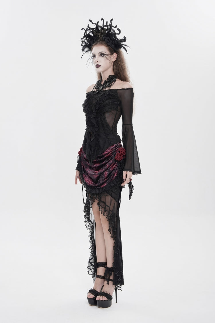 Black Off Shoulder Long Trumpet Sleeves Ruffled Embroidered Lace-Up Women's Gothic Blouse