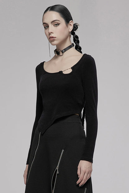 Black Asymmetric Hem Design Sexy Hollow Metal Cross-Chain Decoration Long Sleeve Women's Punk T-Shirt