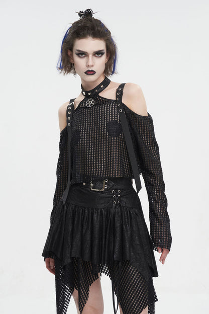 Black Off Shoulder Buckle Sheer Crop Women's Punk Shirt