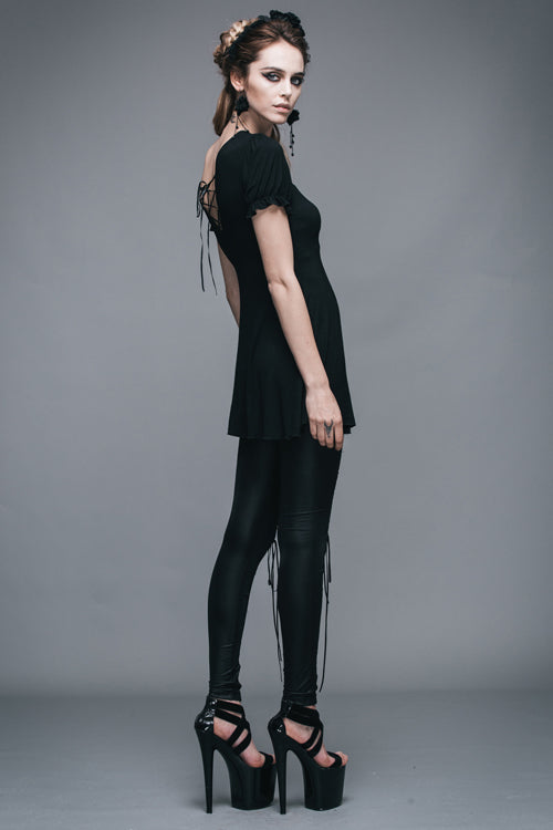 Black Patterned Lace Neck Short Sleeves Womens Mid-Length Gothic T-Shirt