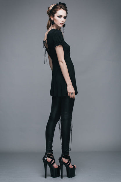 Black Patterned Lace Neck Short Sleeves Womens Mid-Length Gothic T-Shirt