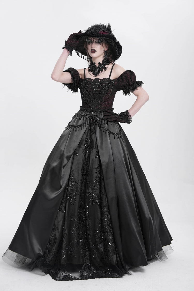 Black Off Shoulder Short Sleeves Jacquard Cardigan Stitching Lace Women's Gothic Dress