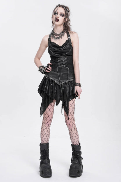 Black Halterneck Ripped Chained Women's Punk Vest