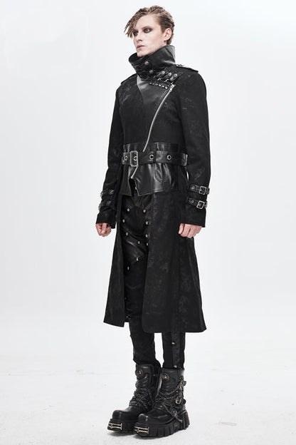Black Open Collar Printed Belted Long Mens Punk Coat