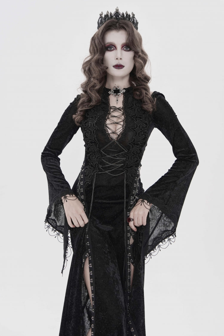 Black Halterneck Long Trumpet Sleeves Hanayome Lace Lace-Up Slim Chain-Decorated Women's Gothic Dress Plunging Split Maxi Dress