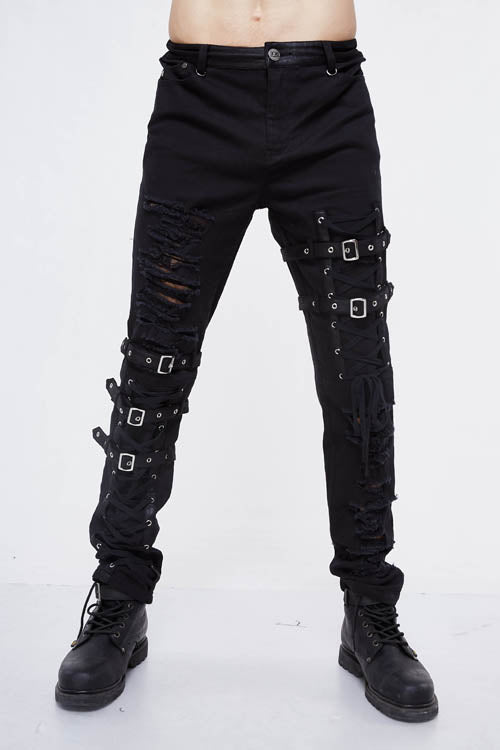 Black Asymmetric Loops Ragged Punk Rock Broken Holes Bandage Mens Pants