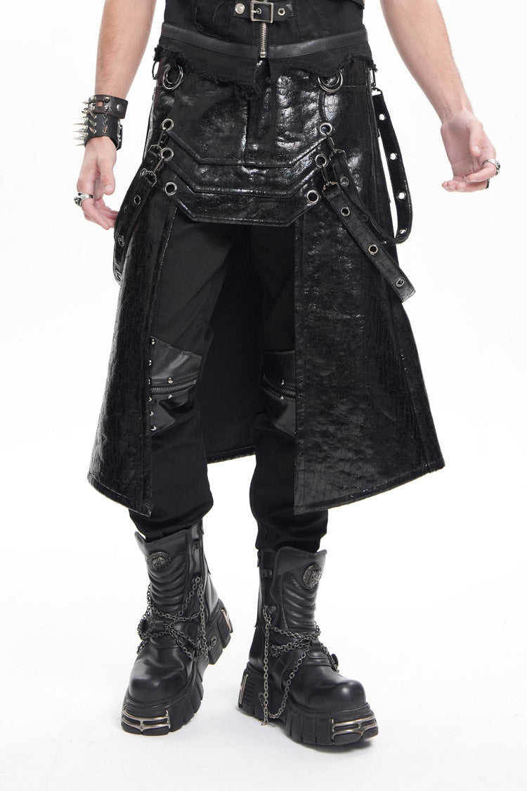 Black Faux Leather Stitching Eyelets Strap Rings Men's Gothic Skirt