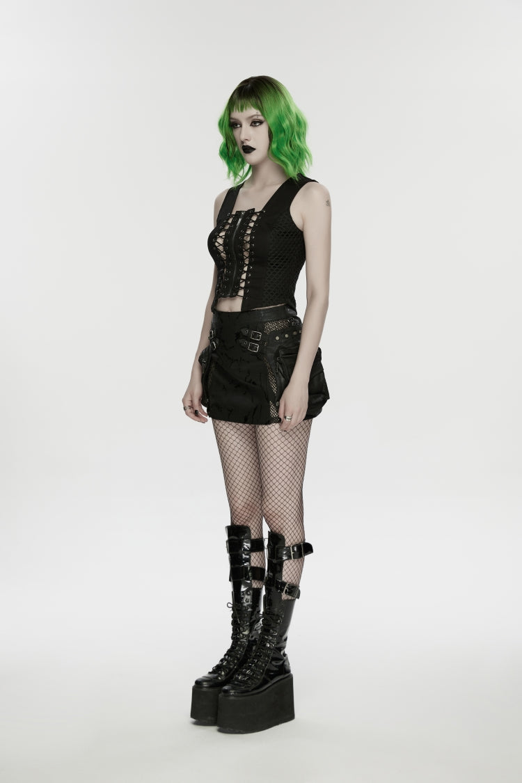 Black Off Shoulder Sleeveless Cut-Out Lace-Up Irregular Women's Punk Cool Vest