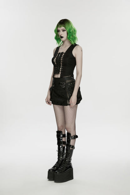 Black Off Shoulder Sleeveless Cut-Out Lace-Up Irregular Women's Punk Cool Vest