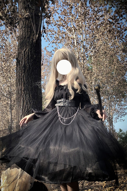 Black Long Sleeves Ruffle Bowknot Stitching Lace Gothic Plus Size Lolita Dress