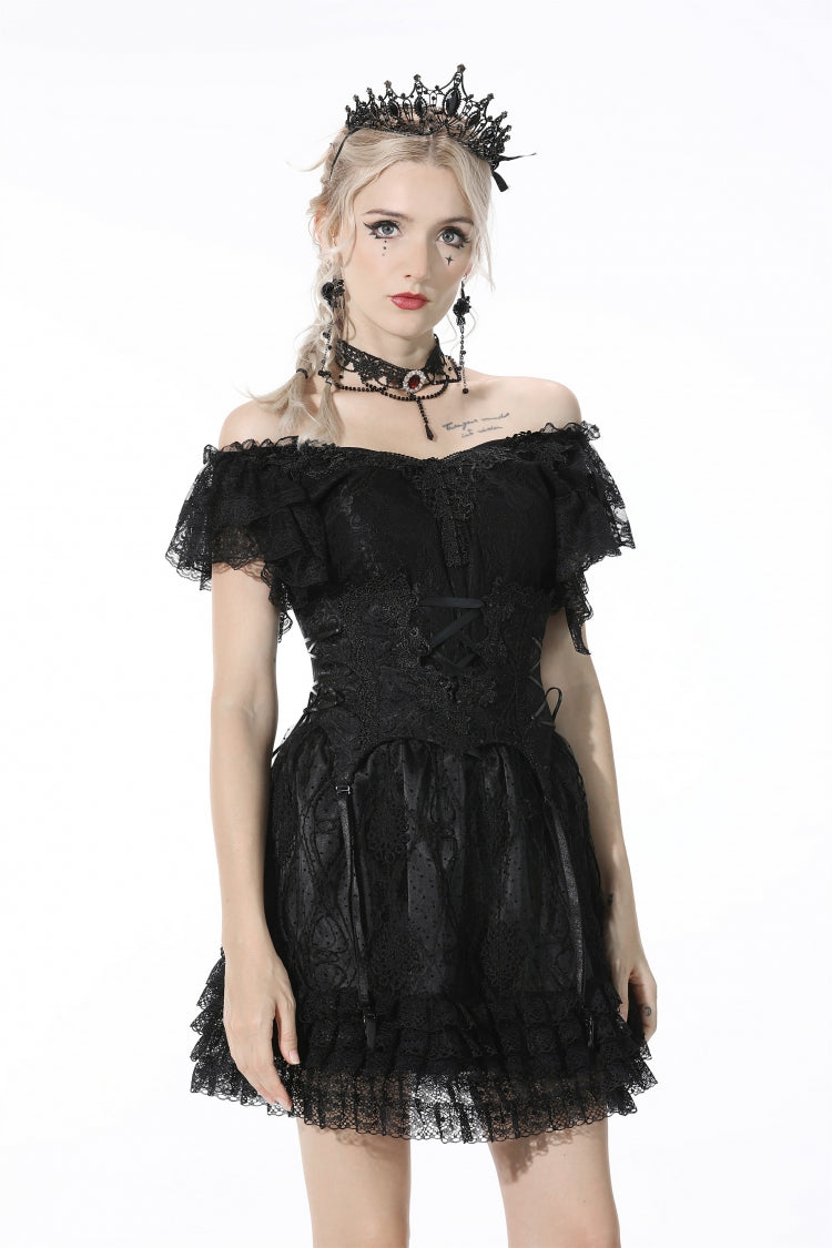Black Plunging V Collar Short Sleeves Ruffled Lace Sexy Women's Gothic Crop Top