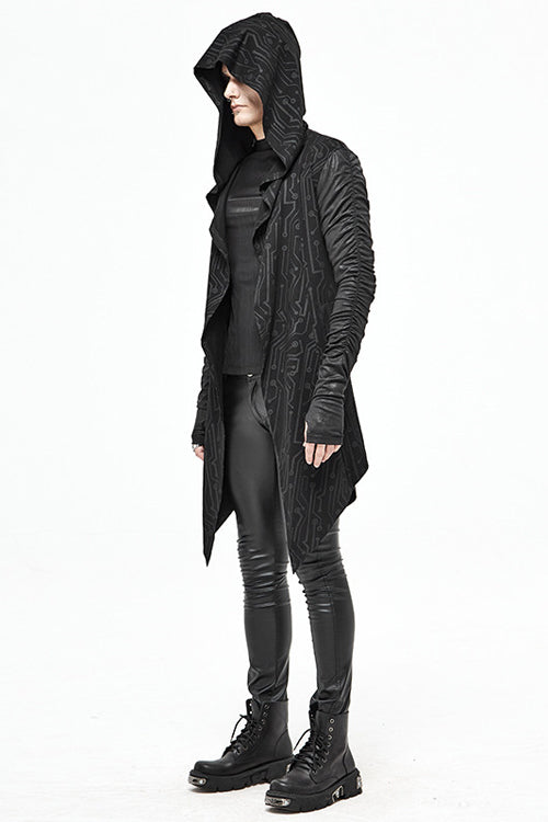 Black Hooded Wrinkled Sleeves Circuit Diagram Print Knit Long Mens Punk Coat
