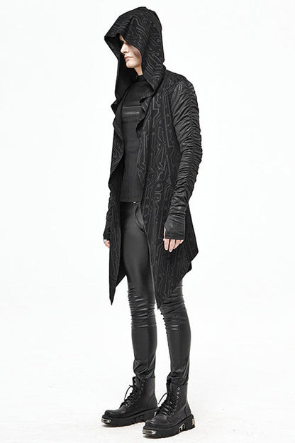 Black Hooded Wrinkled Sleeves Circuit Diagram Print Knit Long Mens Punk Coat