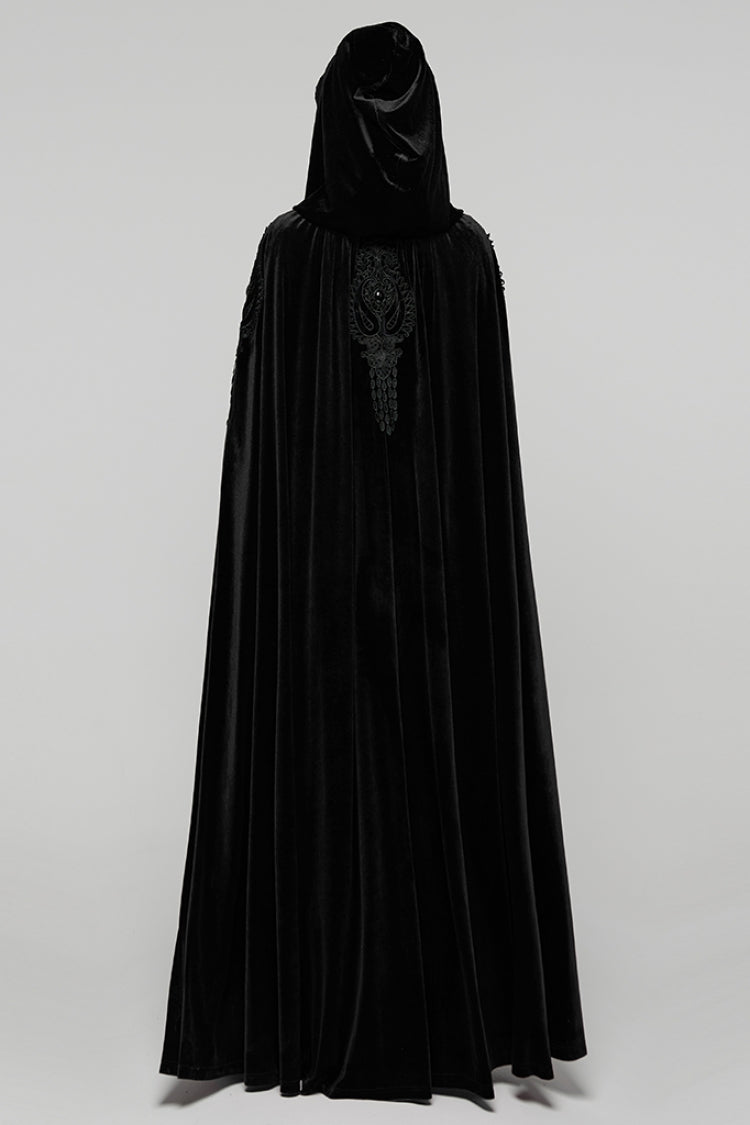 Black Floral Embroidery Diamante Velvet Hooded Women's Gothic Cloak