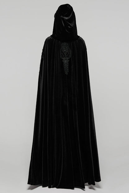 Black Floral Embroidery Diamante Velvet Hooded Women's Gothic Cloak